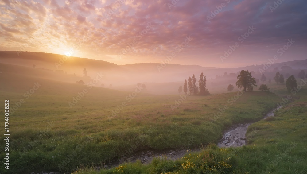 Obraz premium Ethereal Dawn. A Landscape of Mist, Light, and Flowing Waters, with Textured Skies.