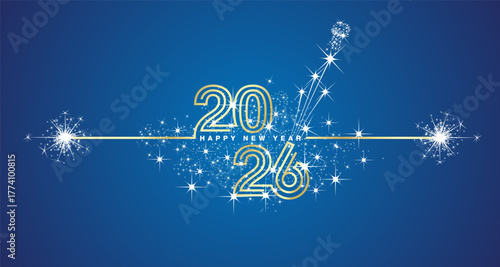 Happy New Year 2026 eve golden triple line design loading sparkle firework. 2026 with opened champagne cork, white blue vector wallpaper greeting card