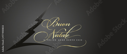 Merry Christmas and Happy New Year 2026 Italian language golden light elegant brush script calligraphy on cut out paper Christmas tree black background greeting card