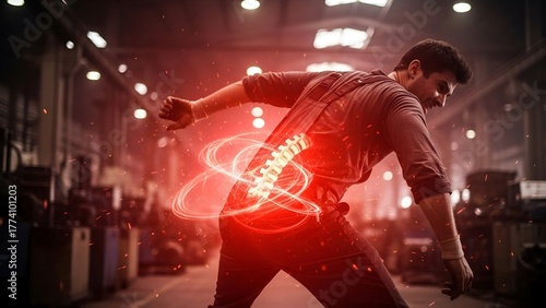 A man in a warehouse clutches his lower back, highlighting spinal pain with red digital effects