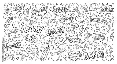 Comic Book Elements: Dynamic illustrations of sound effects, explosions, and various elements in a comic book style.
