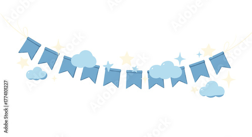 Festive Garland of Blue Flags: A whimsical string of blue pennant flags is gracefully suspended against a backdrop of delicate clouds and twinkling stars, creating a festive atmosphere.