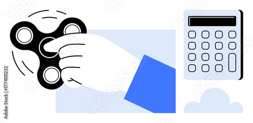 Hand spinning black fidget spinner, a calculator, and abstract shapes. Ideal for stress relief, focus, productivity, balance, relaxation finance and mindfulness. Simple flat metaphor