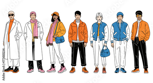 Diverse Fashion Ensemble: A stylized group of individuals showcase the latest trends in a dynamic fashion display, each embodying unique style and sartorial choices.