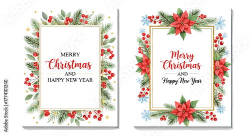 Christmas Season Greetings: Festive frames with 'Merry Christmas and Happy New Year' messages amidst seasonal elements, perfect for spreading holiday cheer.