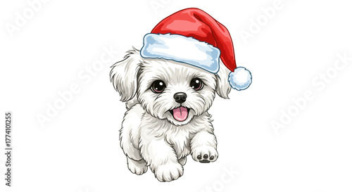 Festive puppy joy: A cute puppy wears a santa hat and radiates joy, a perfect illustration for Christmas spirit and holiday happiness. 