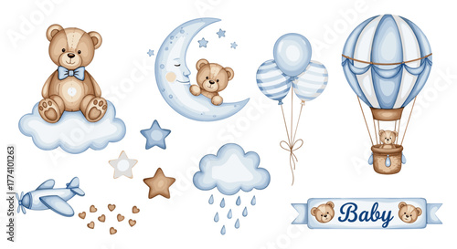Cute Baby Themed Collection: a curated collection of charming elements including a teddy bear, moon, stars, balloons, hot air balloon, and airplane.