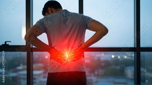 A person clutches their lower back, highlighted with a red glow, by a large window