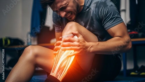 Man with injury in a locker room, highlighting pain and skeletal structure overlay