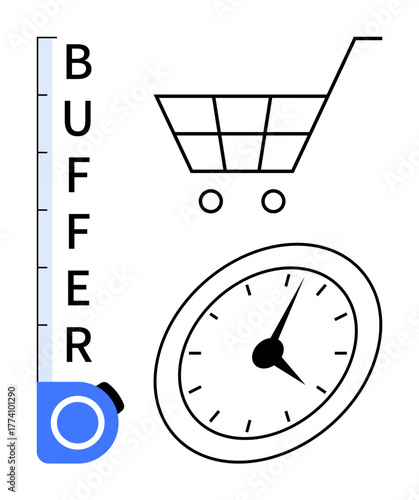 Vertical buffer gauge, shopping cart, and clock icon depict resource optimization, supply chain, time management, inventory control, retail planning, shopping efficiency, simple flat metaphor