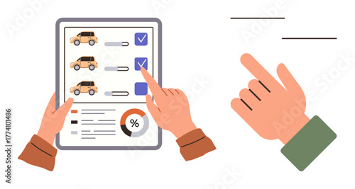 Hands interacting with a tablet showing cars, checkboxes, and analytics. Ideal for decision-making, comparison, checklist, analytics, interactive design, consumer choice simple flat metaphor
