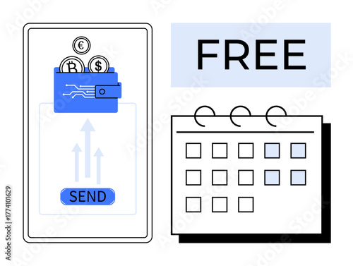 Mobile device with wallet sending coins, Send button, calendar with days marked, and Free banner. Ideal for digital payments, budgeting, offers, fintech scheduling planning promotions. Simple flat