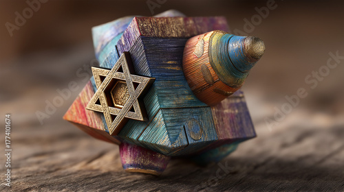 Colorful wooden Dreidel with gold Star of David, laying on wood table, copy space