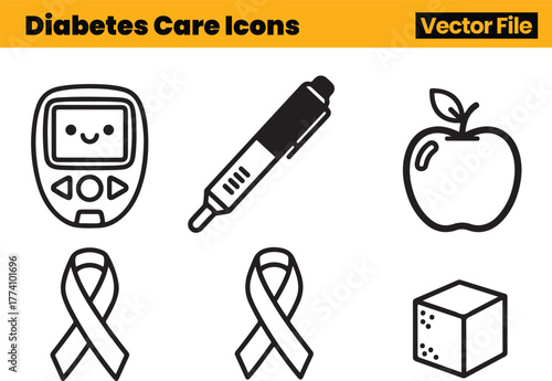 Compact Diabetes Icon Set Featuring Glucose Meter, Insulin Pen, Apple, Sugar Cube and Double Ribbon for Focused Care and Awareness Visuals
