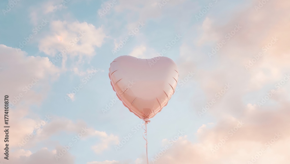 Fototapeta premium HeartShaped Balloon Floating Among the Clouds in Pastel Colors, A Gentle Aesthetic.