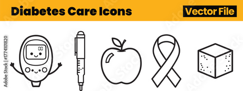 Clean Banner-Style Diabetes Icons Featuring Smiling Glucose Meter, Insulin Pen, Apple, Ribbon and Sugar Cube for Friendly Awareness Campaigns