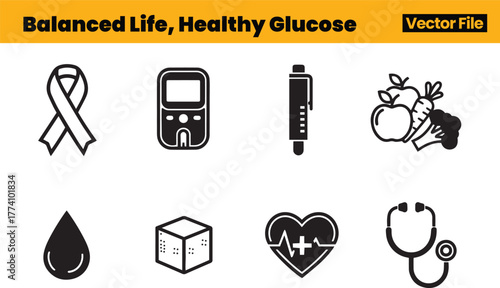 Holistic Diabetes Icons Including Ribbon, Glucose Meter, Insulin Pen, Produce, Heart Pulse, Blood Drop, Sugar Cube and Stethoscope Promoting Balance