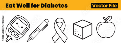 Positive Diabetes Eating Icons Showing Smiling Glucose Meter, Insulin Pen, Ribbon, Sugar Cube and Apple Encouraging Healthy Food Habits