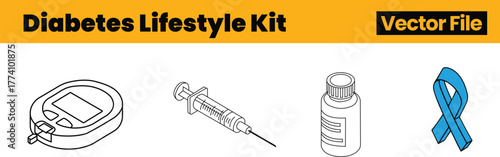 Daily Diabetes Lifestyle Kit Icons Showing Glucose Meter, Syringe, Medicine Bottle and Awareness Ribbon for Regular Health Management Routine