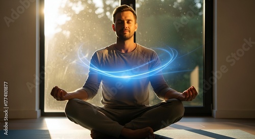 Man meditating with glowing energy swirls around him, indoors near a window