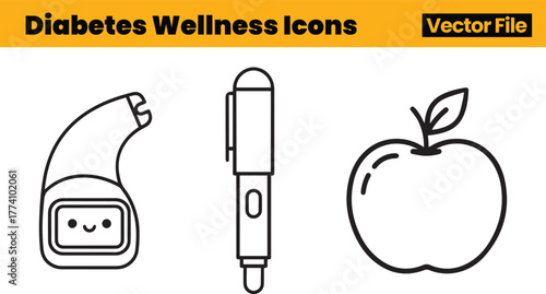 Diabetes Wellness Icons Depicting Smiling Monitoring Device, Nutritious Apple and Insulin Pen Illustrating Balanced Health Management Routine