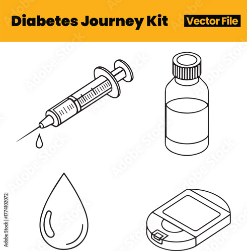 Core Diabetes Journey Icons Showing Syringe, Vial, Glucose Meter and Blood Drop Representing Essential Medical Tools for Daily Care