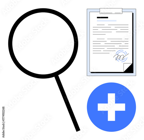 Magnifying glass near signed document and blue plus icon conveying research, review, and addition. Ideal for verification, analysis, agreement, recruitment, consent medical legal. Simple flat