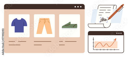 Product display with clothing items in an e-commerce interface, document signing with a pen, and analytics displaying growth. Ideal for online shopping, contracts, business, analytics, e-commerce