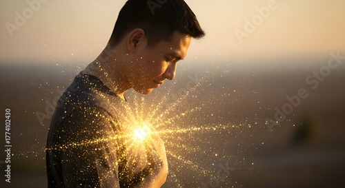Man with radiant heart in golden light, gazing down. Warm tones, outdoor setting, sparks