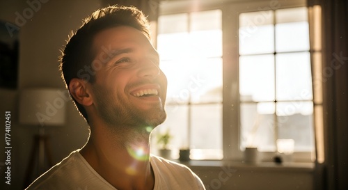 Joyful man looking up, smiling with sunlight streaming through a window, bright and airy
