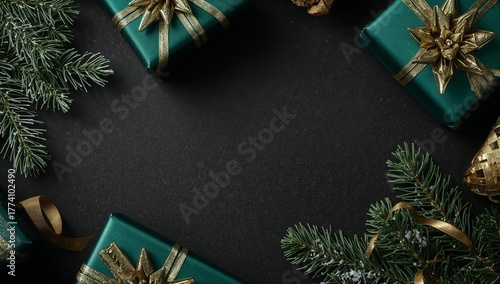 Emerald and Gold Gift Flat Lay. Elegant Christmas flat lay with emerald green gift boxes, gold ribbon and pine branches on dark background