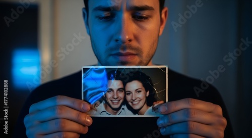 A man holds a cracked photo, looking melancholic. Dramatic lighting. Concept loss, memory