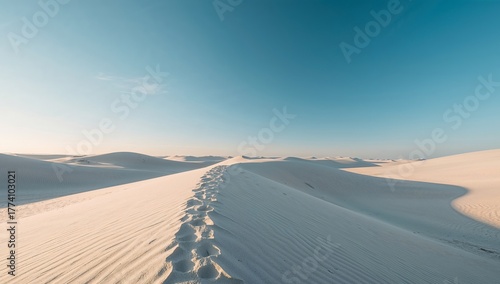 Serene Horizon. Footprints Across the Dunes of Tranquility, An Abstract Landscape.