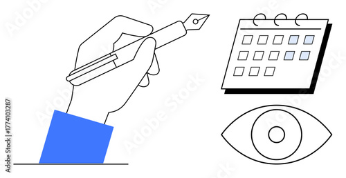 Hand holding fountain pen, calendar with marked dates, and eye icon. Ideal for productivity, organization, scheduling, focus, creativity planning time management. Simple flat metaphor