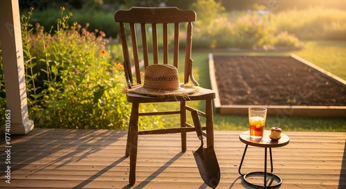 Wooden chair with hat, next to a small table with a drink and a small cake outdoors