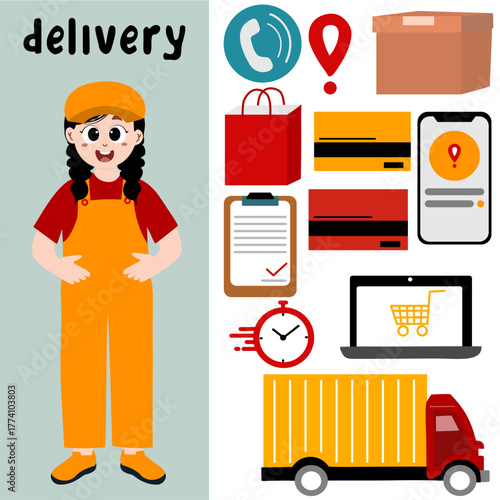 Vector set of delivery icons. Couriers, trucks, online stores. A set of various delivery elements.