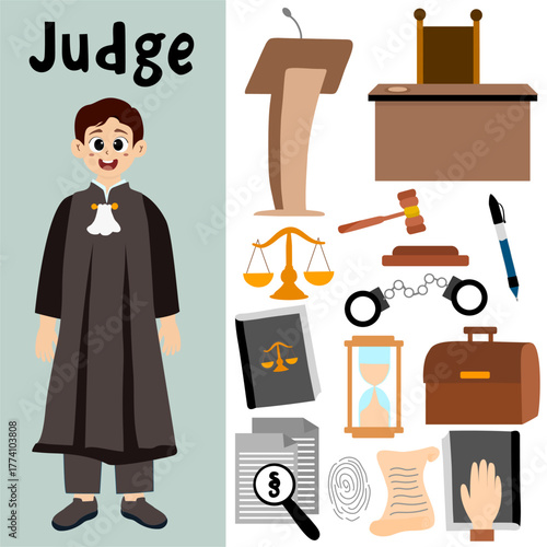 Law and judge Elements Set. Symbols of justice. Judge in black robe, law book, judicial gavel, weights of justice, courthouse, briefcase. Vector illustration.