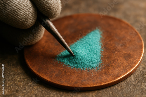 Powdered pigment artistry: a close-up shot captures the meticulous process of handling colorful pigment, showcasing the precision of detail.