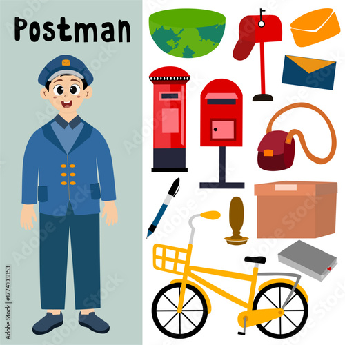 Postman characters vector illustrations set. People in uniform and postal objects for kids, bag with letters, mailbox, transport on white background. Professions, delivery concept. Set Of Various Post