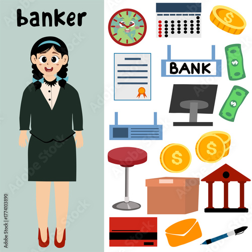 Set of Various Banking Elements. Banker with various banking elements set, banker working with finance, vector illustration set.