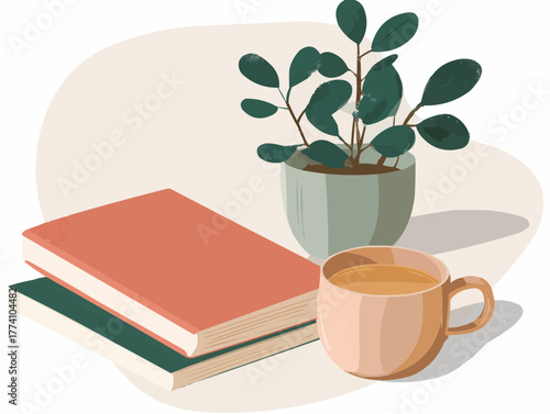 A closed notebook, ceramic cup and house plant for digital detox concepts and mindful living content