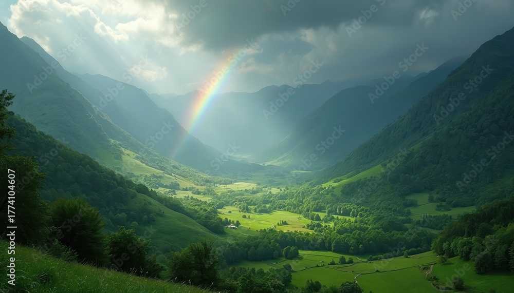 Naklejka premium Sun rays shine through clouds over green valley after rain. Rainbow arcs across landscape. Rich forest covers steep mountainsides. Rural scene unfolds below.