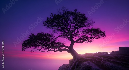 Silhouetted tree clings to a cliff edge, against a vibrant, purple and pink sunset sky