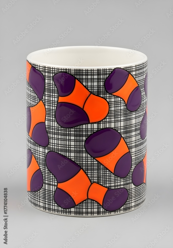 Obraz premium Retro graphic sock pattern mug with purple and orange abstract shapes