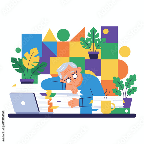 Tired senior worker sleeping on a huge pile of documents Burnout deadline and overwork concept