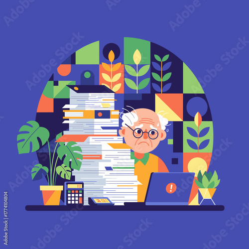 Stressed senior man overwhelmed by paperwork and taxes bureaucracy and work overload illustration