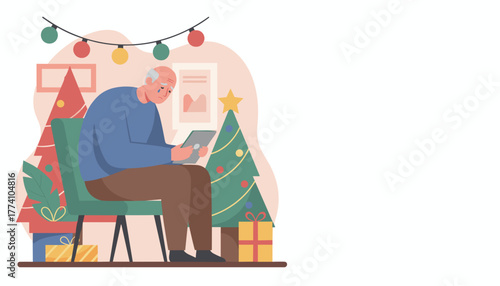 Lonely senior man crying while using a tablet during Christmas holidays Sadness and isolation concept
