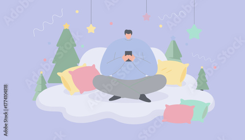 Cozy illustration Person uses smartphone sitting crosslegged among pillows and festive winter decorations