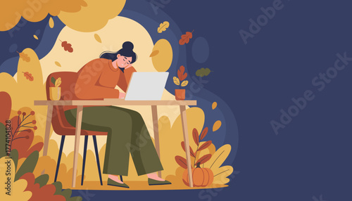 Cozy autumn work environment with woman using laptop Fall freelance or remote job