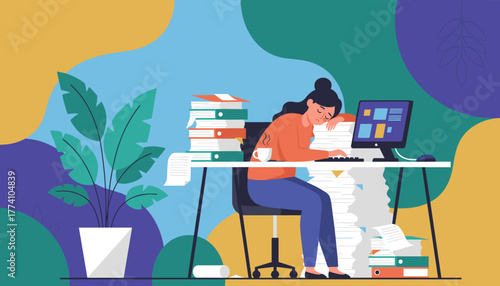 Professional burnout Woman exhausted and sleeping at her office desk surrounded by paperwork